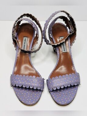 Tabitha Simmons Leticia Lavender Purple Perforated Leather Sandals Heels Shoes